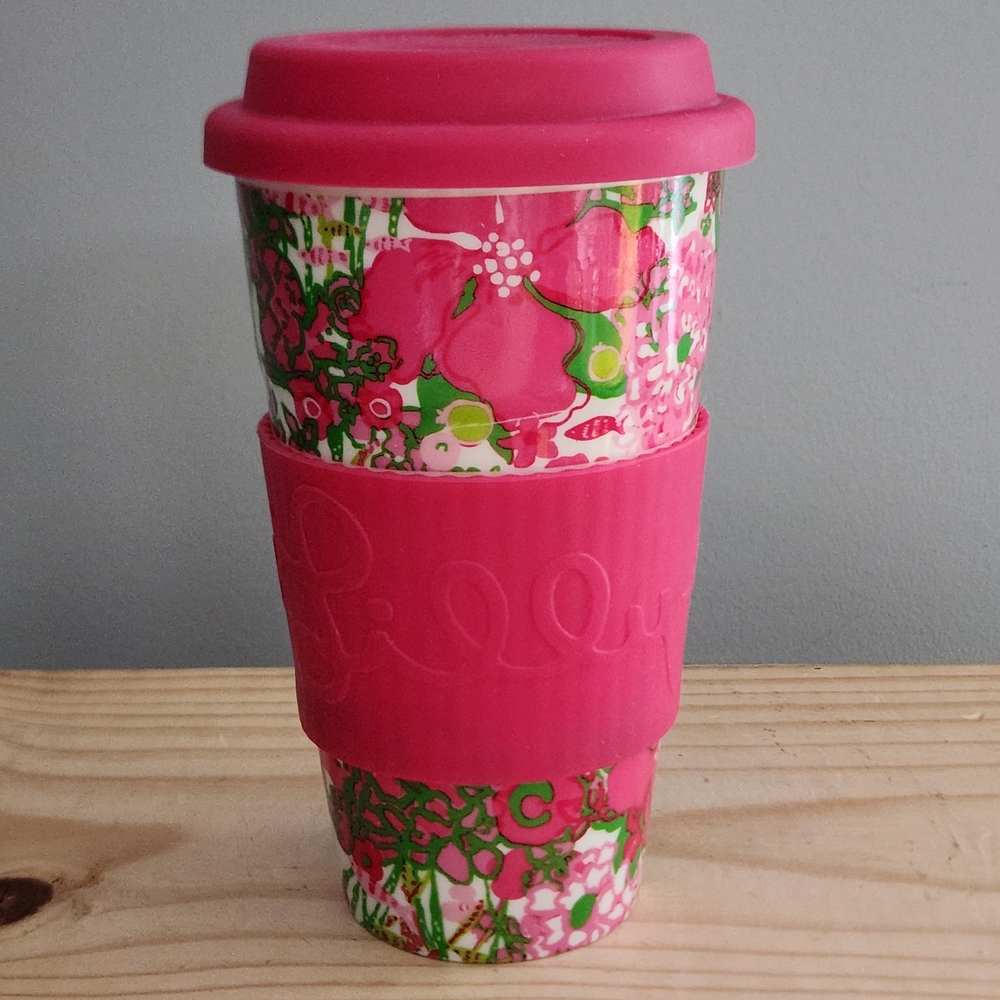 Lilly Pulitzer Pink Floral Travel Ceramic Tumbler Mug